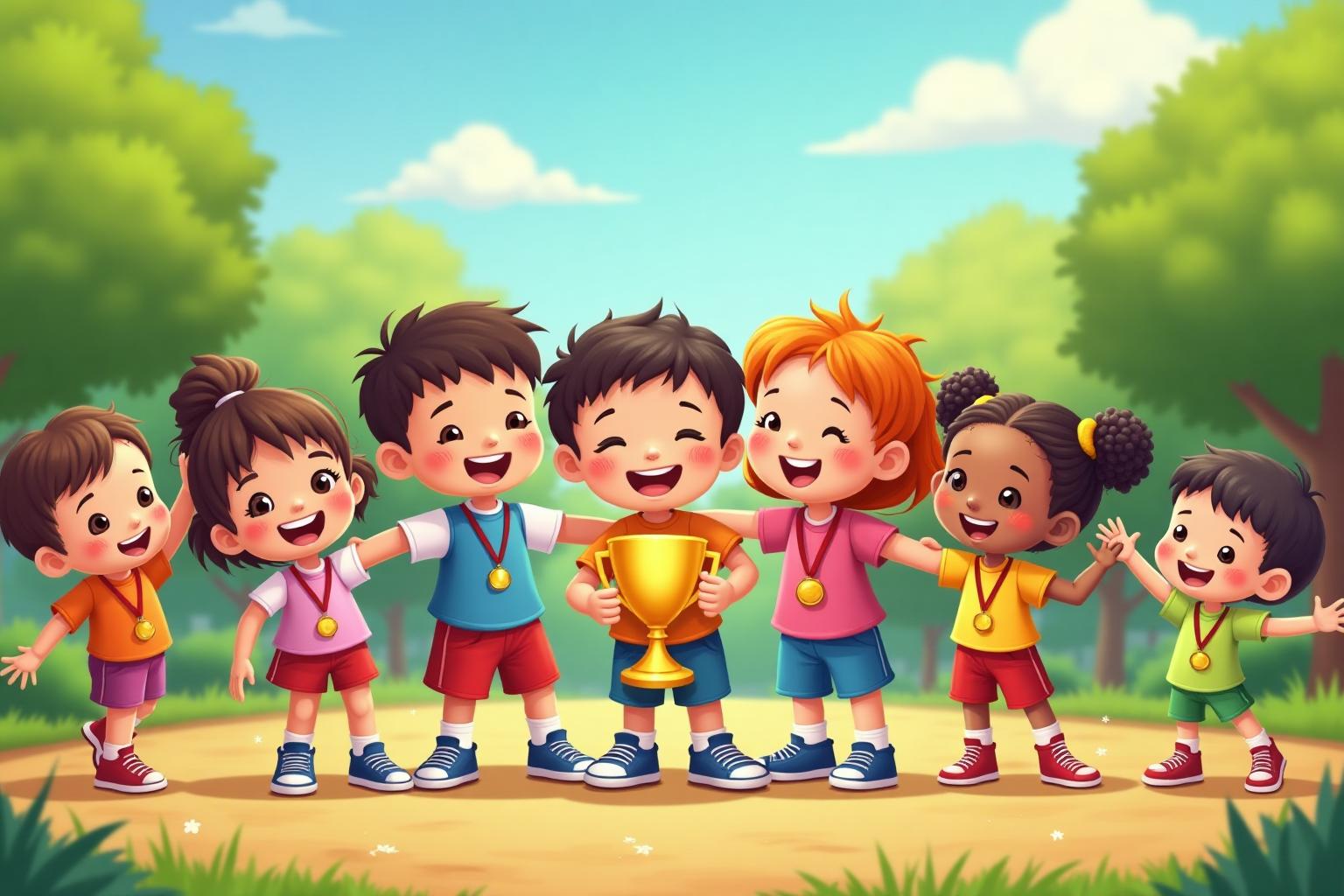 Diverse children celebrating as champions at summer camp